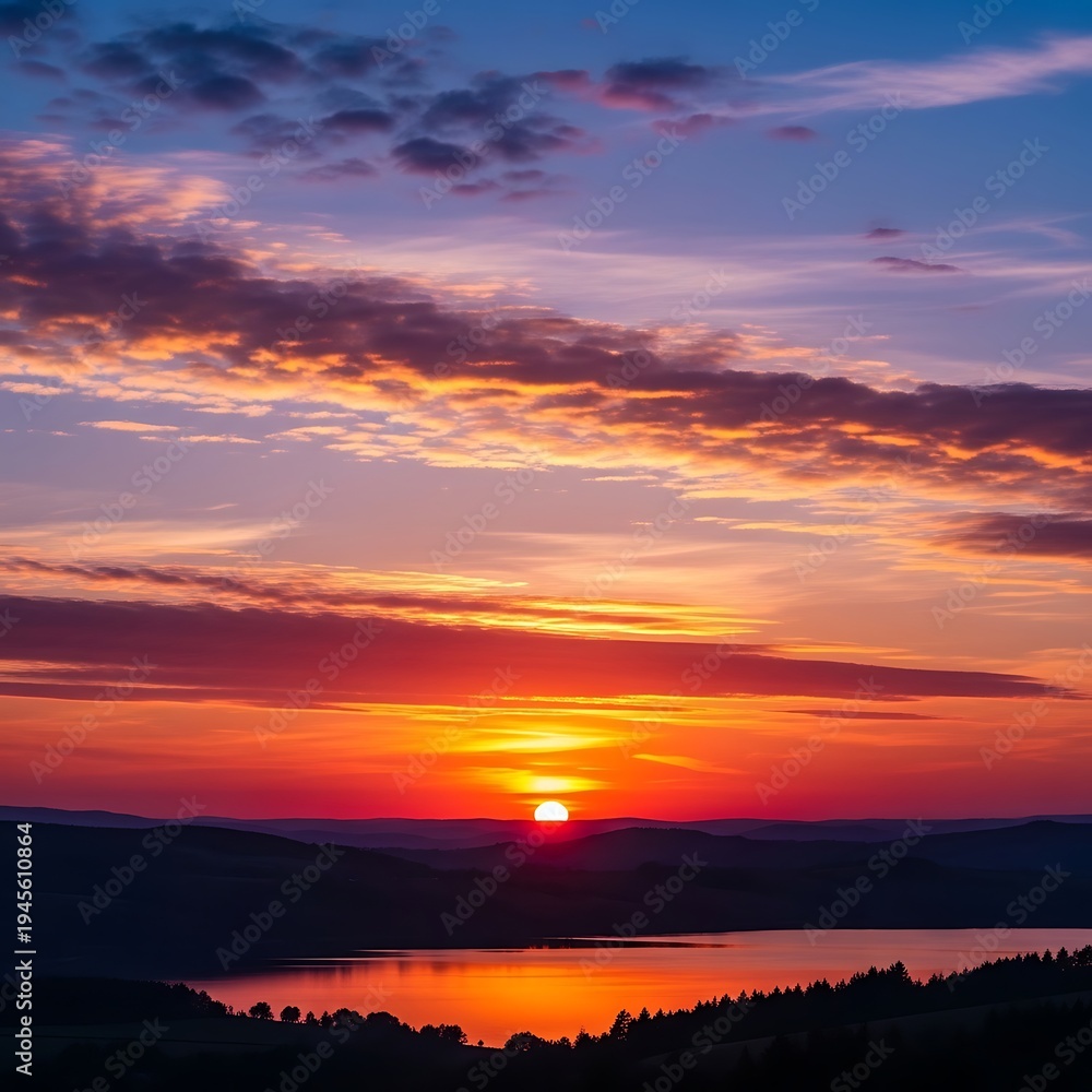 Obraz premium Stunning sunset over the lake with vibrant colors and clouds.