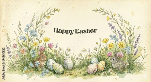 Happy Easter Watercolor Eggs In Spring Wildflower Meadow, Watercolor Easter Eggs And Spring Flowers Rustic Background, Happy Easter Greeting Card With Floral Meadow And Eggs