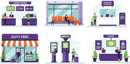 Colorful vector illustration of six airport service scenes including check-in, waiting area, passport control, duty free shop, self-service kiosk, and ticket counter, artwork