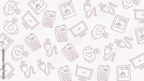 Seamless vector pattern of everyday digital and financial icons, illustrating modern consumerism, online connections, and technology-driven lifestyle elements in a soft, repeating design