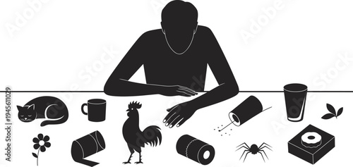 Man testing superstition objects on table, black cat rooster spider symbols, luck and superstition concept, belief experiment silhouette