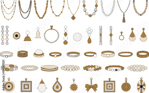 A collection of various jewelry items in gold and silver tones