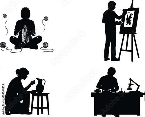 Creative hobby activities silhouettes set featuring knitting, painting on easel, pottery making and jewelry crafting, artistic handmade craft vector illustration isolated on white background
