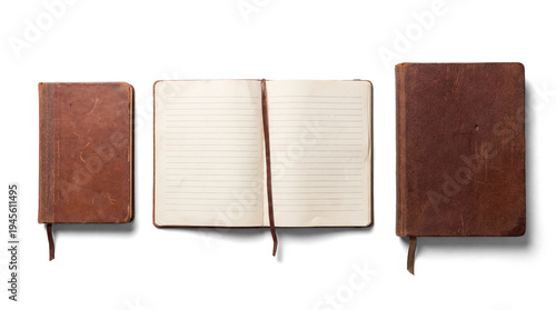 three brown leather notebooks arranged on a transparent background, top-down perspective, featuring one open to lined pages, representing vintage writing tools.