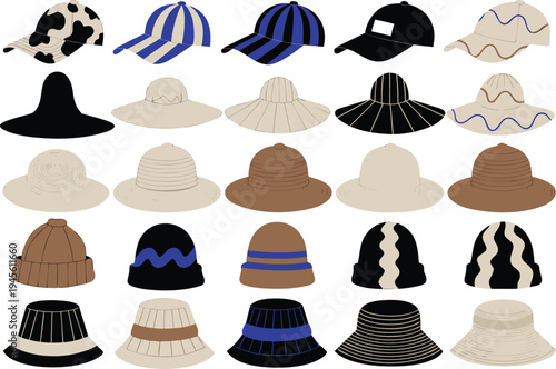 A collection of various hats in different styles and colors