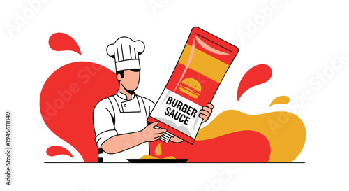 Chef Squeezing Burger Sauce onto Plate - Fast Food Illustration