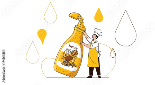 Chef with Giant Honey Bottle, Sweetness & Natural Product Illustration