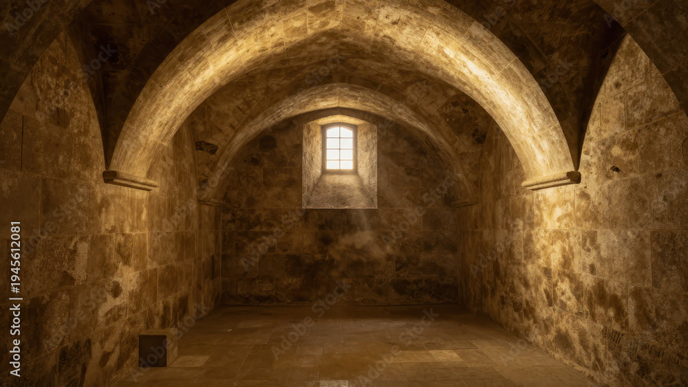 Obraz premium Ancient Stone Vaulted Room with Arched Ceiling and Small Window Casting Warm Light on Textured Walls Creating Atmospheric Historical Interior Space