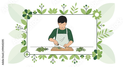 Chef Chopping Herbs in Floral Frame - Fresh Cooking Illustration