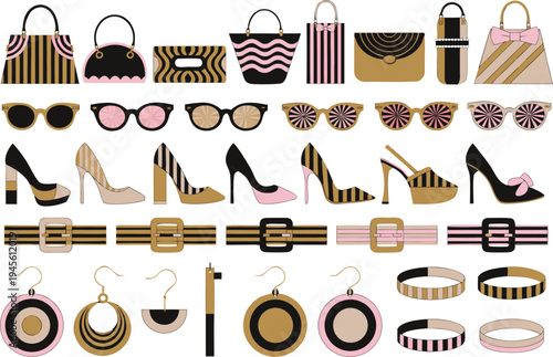 A collection of stylish fashion accessories in a modern vector graphic design