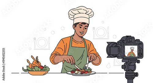 Chef Filming Cooking Show, Plating Delicious Roast Chicken Meal