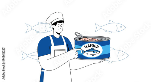 Chef Holding Canned Seafood with Fish Illustrations