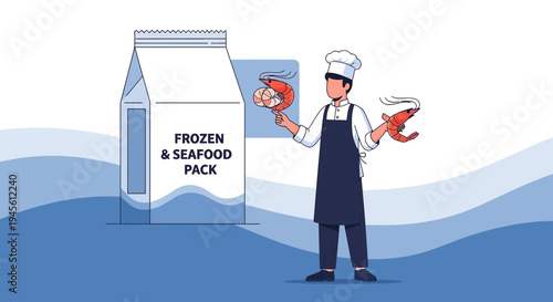 Chef Holding Fresh Shrimp in Front of Frozen Seafood Pack