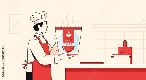 Chef Holding Hot Soup Packaging in Modern Kitchen