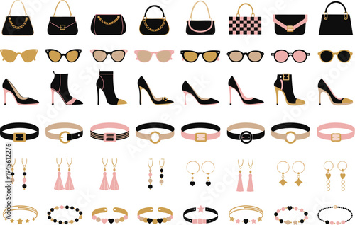 A collection of fashion accessories including handbags, sunglasses, shoes, belts, earrings, and bracelets in a flat vector illustration style