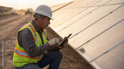 An engineer inspects solar panel during a bright day, solar energy.