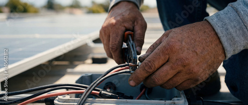 An electrician meticulously works on the intricate wiring of a solar panel, his hands focused on ensuring efficient energy production in an environmentally-conscious manner.
