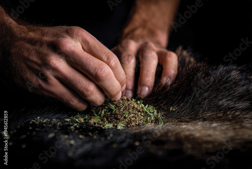 A focused individual meticulously prepares a herbal mixture on a fur surface, highlighting the connection between nature and traditional practices in crafting medicines.