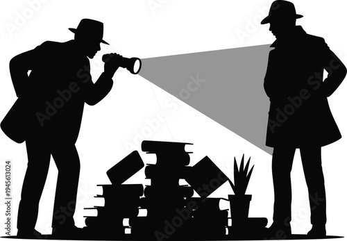 Detective investigators examining stack of books with flashlight, mystery research scene, crime investigation concept, forensic search, classic noir silhouette