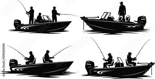 sport fishing boat silhouettes, anglers catching fish on lake, outdoor fishing activity, bass boat recreation, fisherman vector collection set