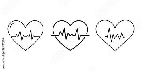 Set of three heart pulse line art icons, representing health and cardiology, medical concept, heartbeat monitor signal