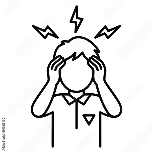 Stressed person holding head with lightning bolts symbolizing headache, anxiety and pressure