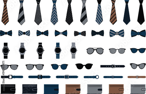 A collection of men's accessories including ties, bowties, watches, sunglasses, belts, and wallets in various colors and styles