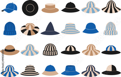 A collection of various hats and caps in different styles and colors