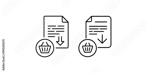 Shopping basket icon with document, an arrow pointing down symbolizing a download or adding an item to the cart on a clean white background
