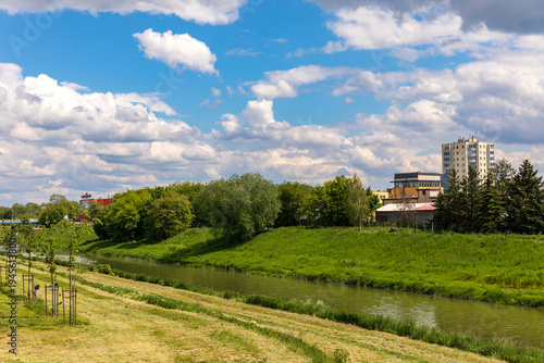 Wisłok river and green riverside landscape in Rzeszow city, Poland