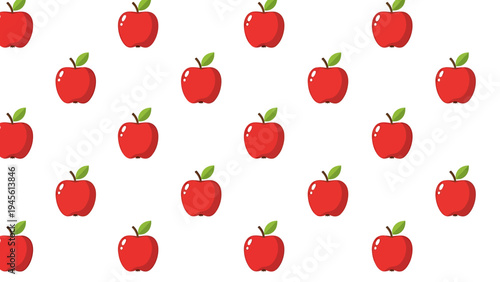 A cheerful and vibrant repeating pattern of crisp red apples with fresh green leaves, symbolizing healthy living and the simple goodness of nature's bounty