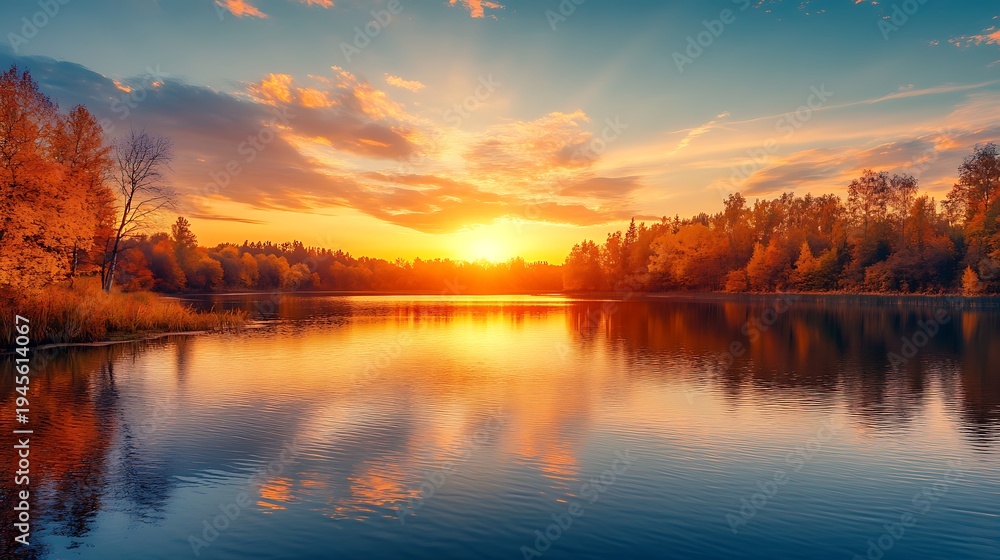 Fototapeta premium Tranquil lake scene reflecting a vibrant sunset over autumn trees