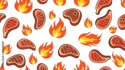 Vibrant seamless pattern featuring delicious grilled steaks and fiery red flames, ideal for barbecue party invitations, restaurant menus, or summer picnic designs