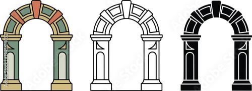 Classical archway silhouette & Outline and illustration set isolated on transparent background