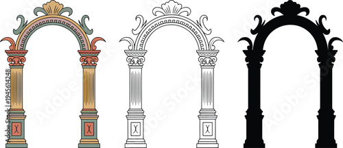 Classical archway silhouette & Outline and illustration set isolated on transparent background