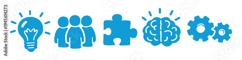 Set of blue hand-drawn icons representing business concepts like ideas, teamwork, problem solving, intelligence, and workflow. Isolated on white background.