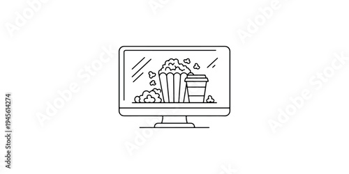 Computer monitor displaying popcorn and a drink, symbolizing movie night or streaming entertainment at home on a white background