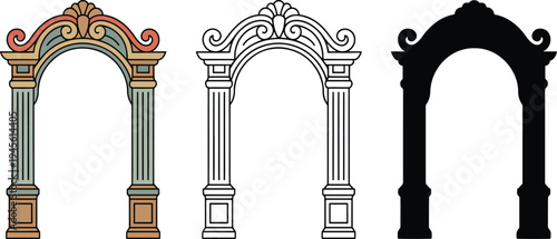 Classical archway silhouette & Outline and illustration set isolated on transparent background