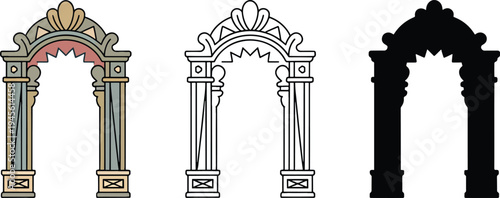 Classical archway silhouette & Outline and illustration set isolated on transparent background