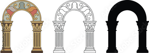 Classical archway silhouette & Outline and illustration set isolated on transparent background
