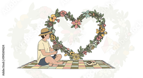 Child in Hat on Blanket with Heart Flower Wreath, Summer Picnic, Love Symbol