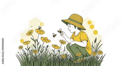 Child in hat observes bees on wildflowers, nature illustration, summer scene