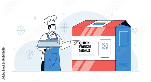Chef with Quick Freeze Meals Box, Frozen Food Delivery Concept