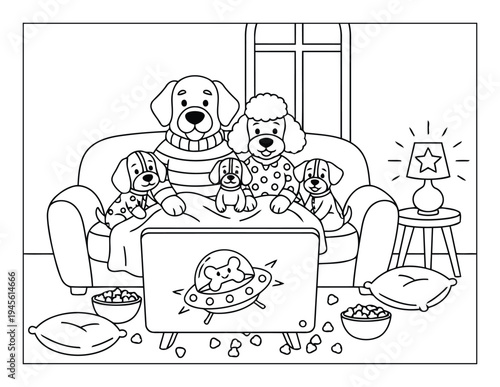 Dog family watching television together on sofa outline coloring page illustration