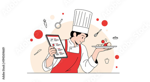 Chef with Tablet and Food Plate, Culinary Concept Illustration