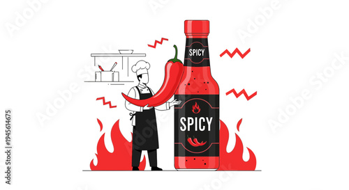 Chef with Spicy Sauce Bottle and Chili Pepper, Flames Illustration