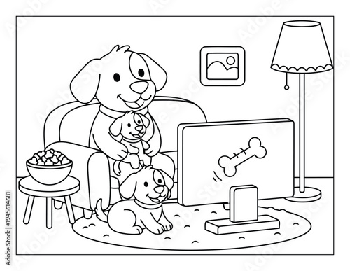 Dog watching television with puppies on sofa outline coloring page illustration