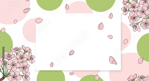 Cherry Blossom Frame with Falling Petals and Green Circles - Spring Greeting Card Background