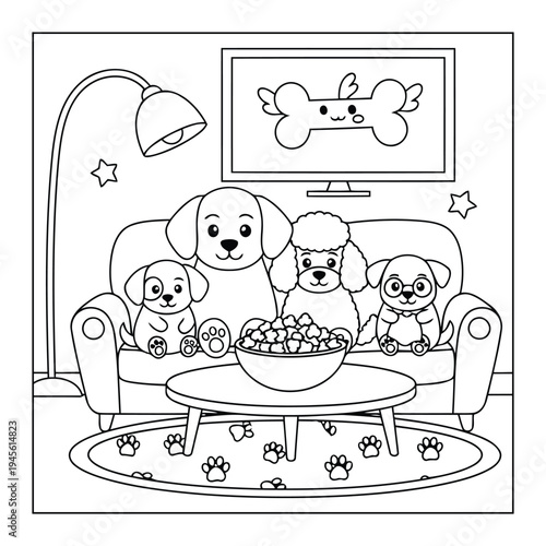 Dog family watching television together on sofa cute outline coloring page scene