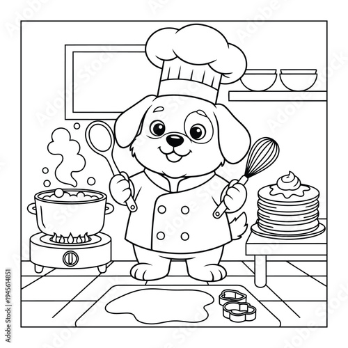 Dog chef cooking pancakes in kitchen cute outline coloring page illustration